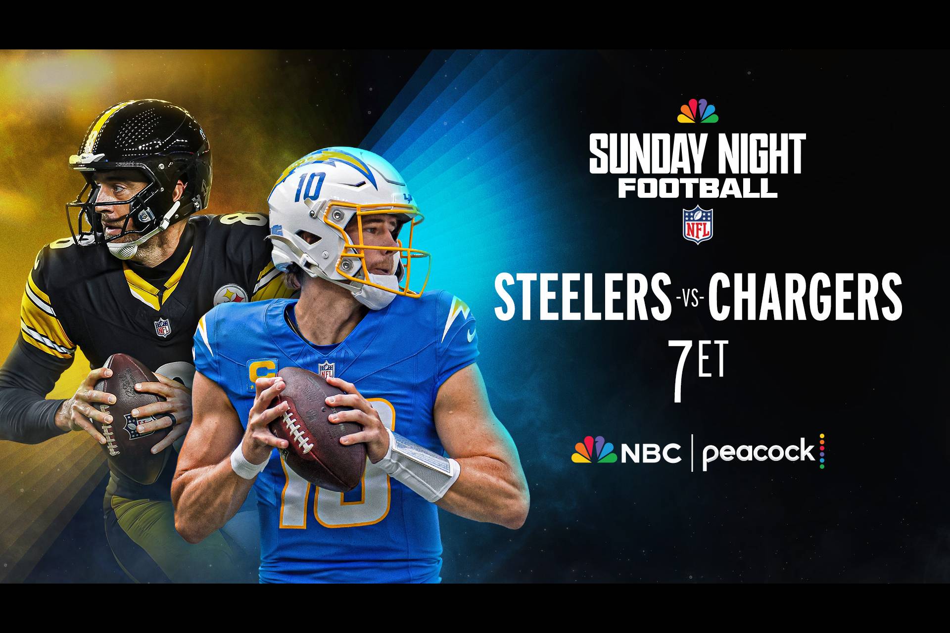 Aaron Rodgers and Justin Herbert feature in Sunday Night Football: Steelers vs. Chargers LIVE at 7p ET on Peacock and NBC