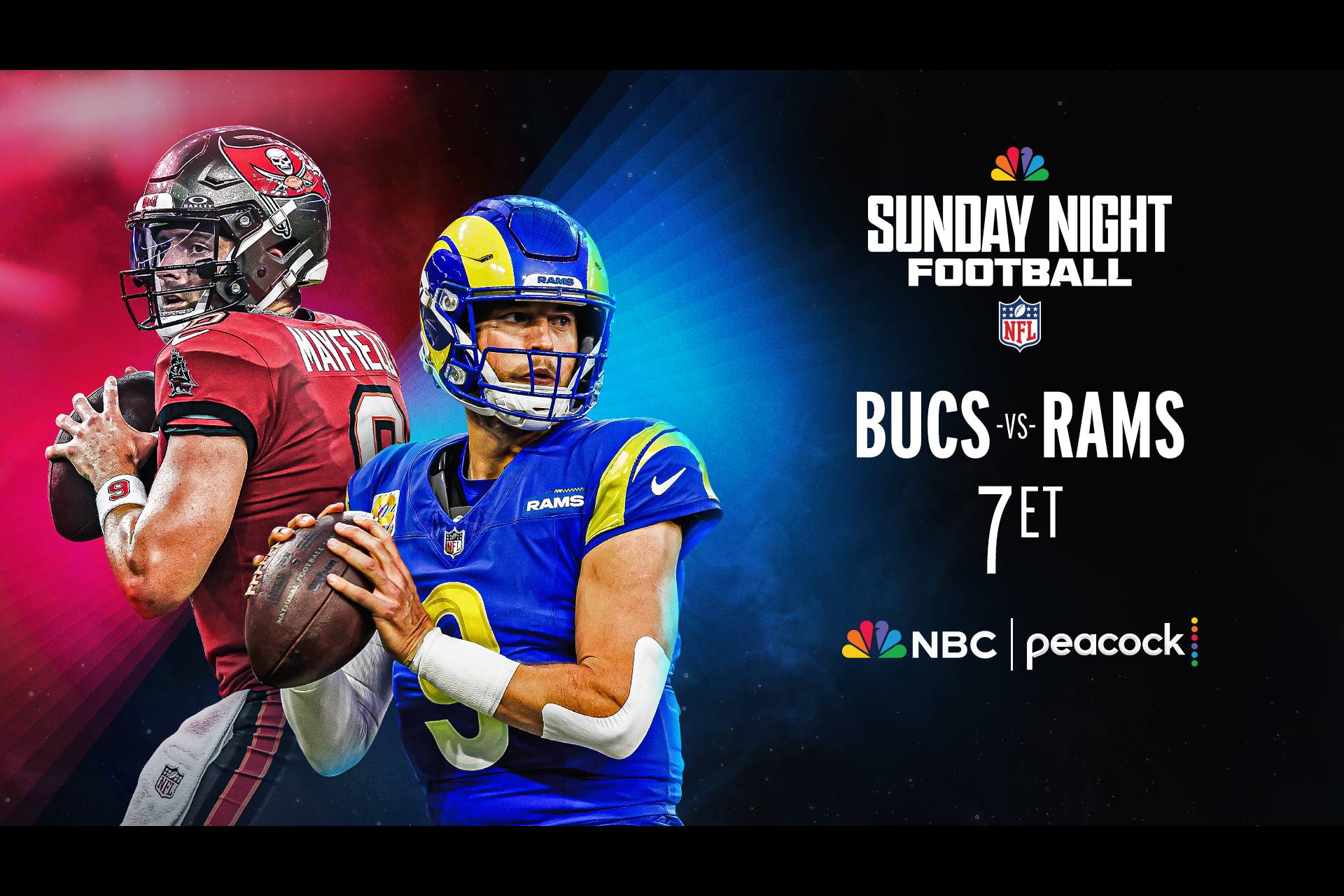 Baker Mayfield and Matthew Stafford feature on Sunday Night Football: Bucs vs. Rams at 7p ET on Peacock and NBC.