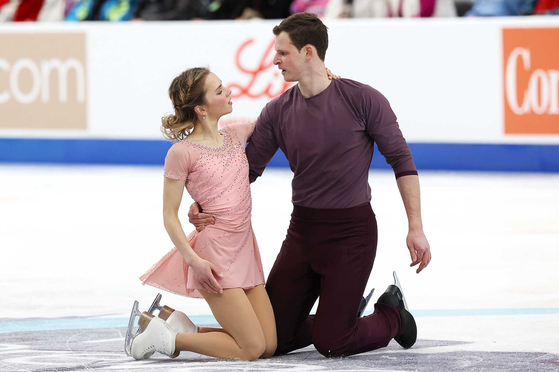 Alisa Efimova and partner, Misha Mitrofanov, positioned for competition in the Championship Pairs Free Skating during the 2026 United States Figure Skating Championships.