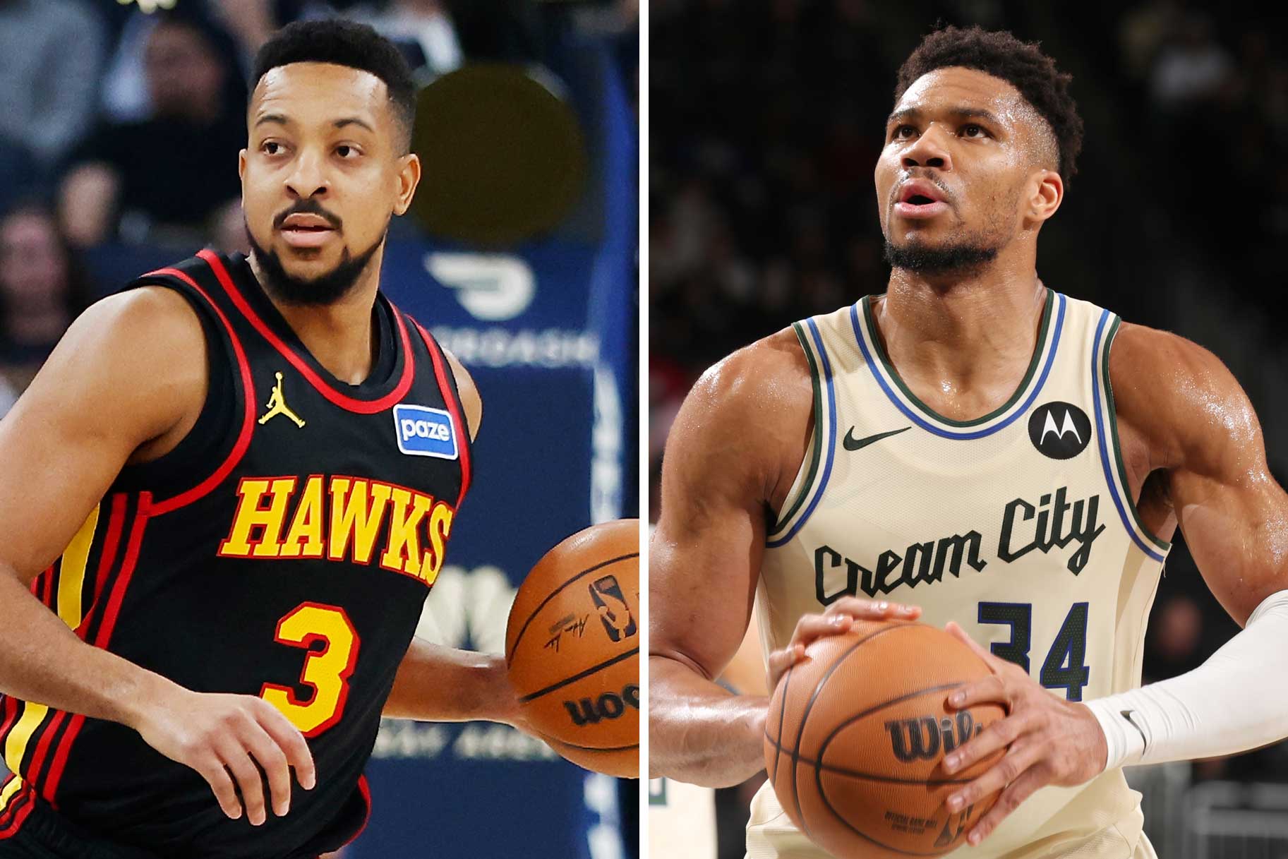 A split of CJ McCollum of the Atlanta Hawks and Giannis Antetokounmpo of the Milwaukee Bucks.