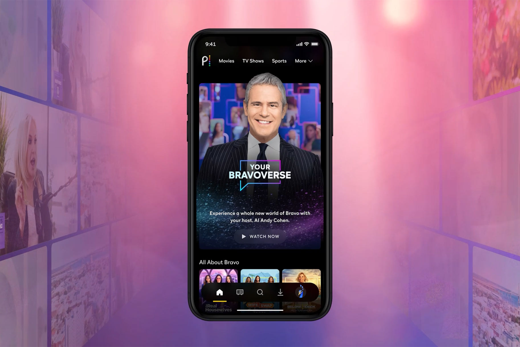 A smartphone showing Peacock's homepage with AI Andy Cohen.