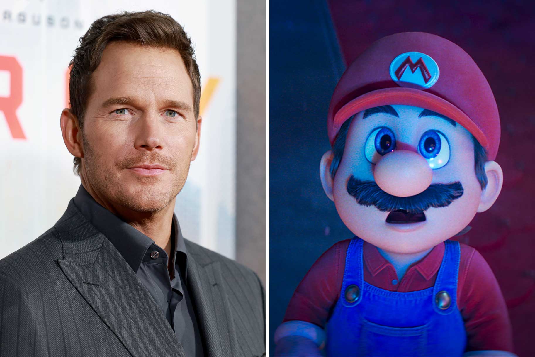 A split of Chris Pratt and Mario from The Super Mario Galaxy Movie (2026).