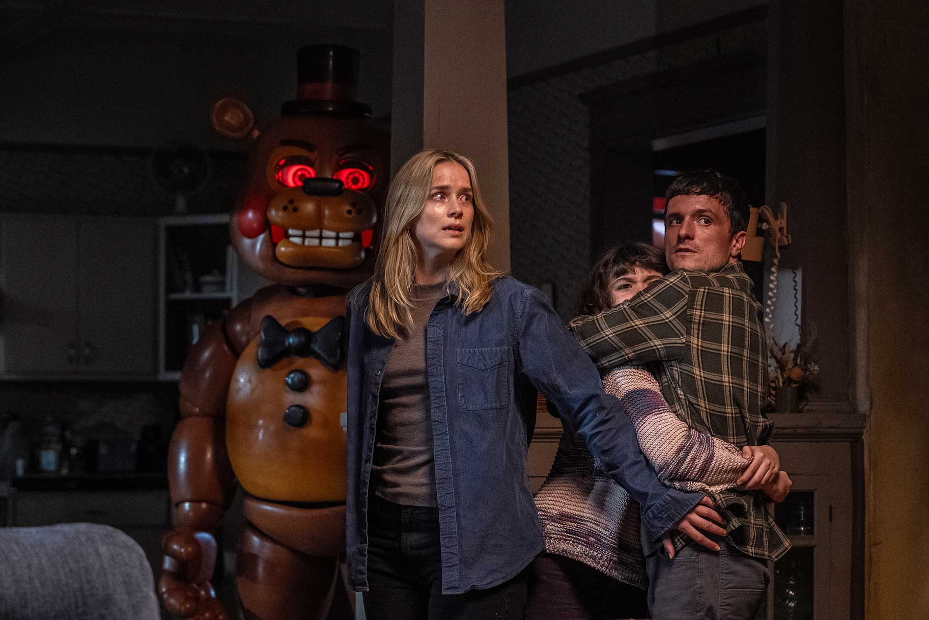 Toy Freddy peaking around the corner while Vanessa, Abby, and Mike hide in&nbsp;Five Nights at Freddy's 2 (2025).