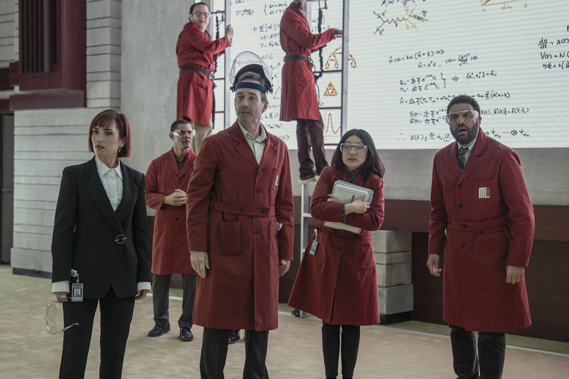 Vivienne (Zoe Lister-Jones), Les (Matthew Macfadyen), Janet (Rong Fu), RPW (O-T Fagbenle) reacting on The Miniature Wife Season 1.