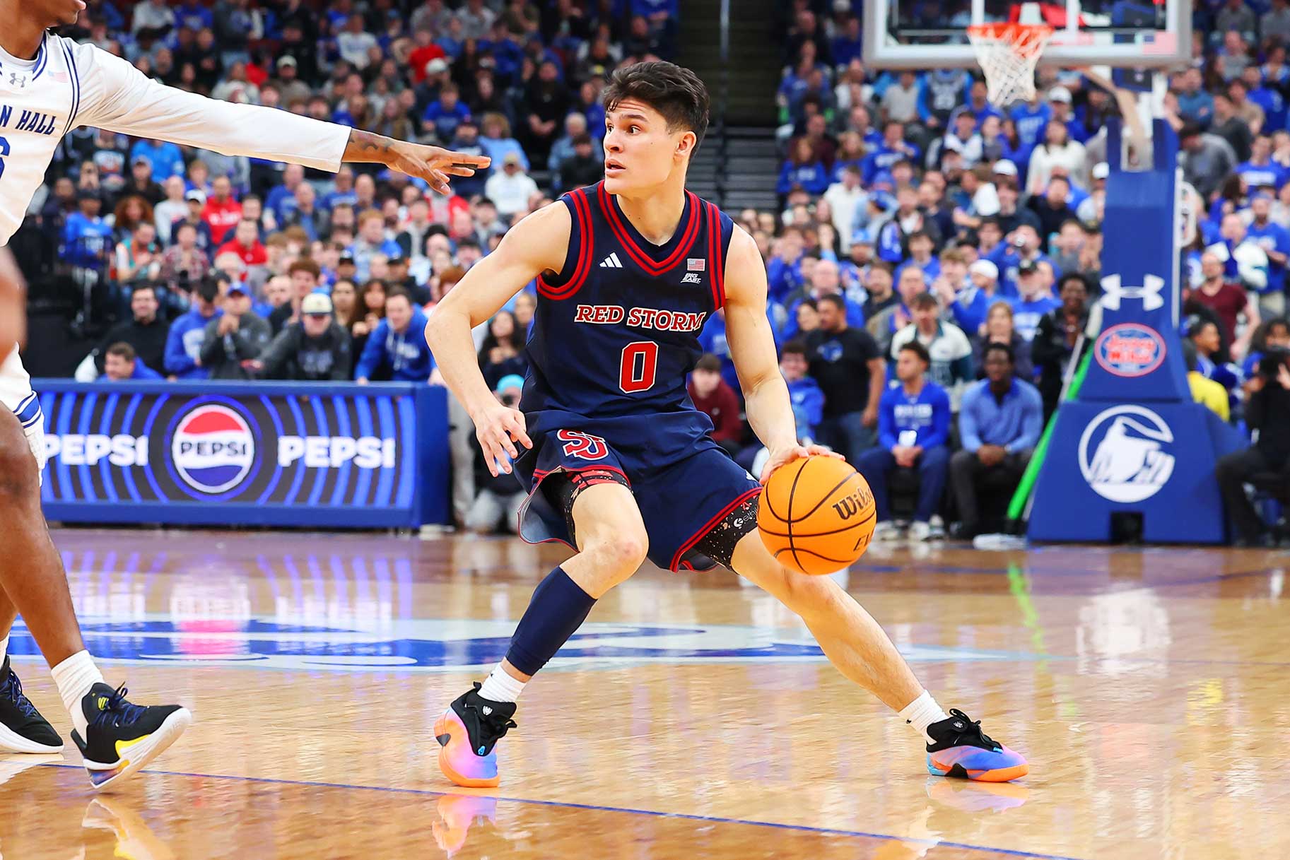 Dylan Darling of the St. John's Red Storm controls the ball during the game against the Seton Hall Pirates.