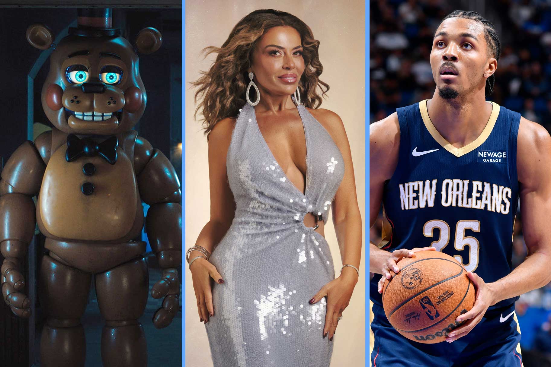 A split of Freddy Fazbear, Dolores Cantania, and Trey Murphy III.