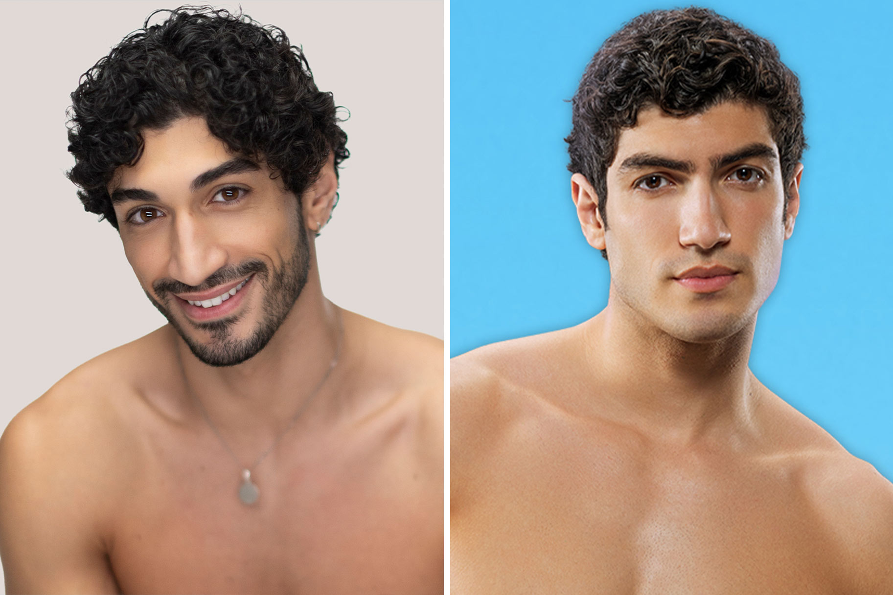 A split of Zach Georgiou and Charlie Georgiou in Love Island USA.