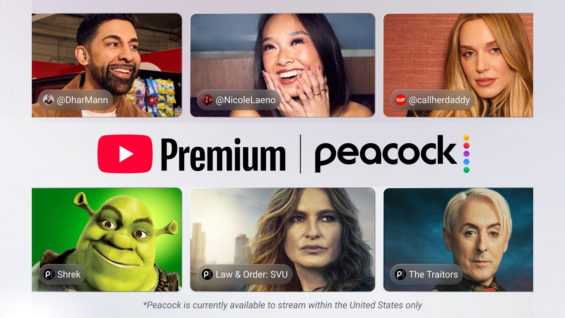 Various Faces around the Youtube Premium Logo and the Peacock Logo.