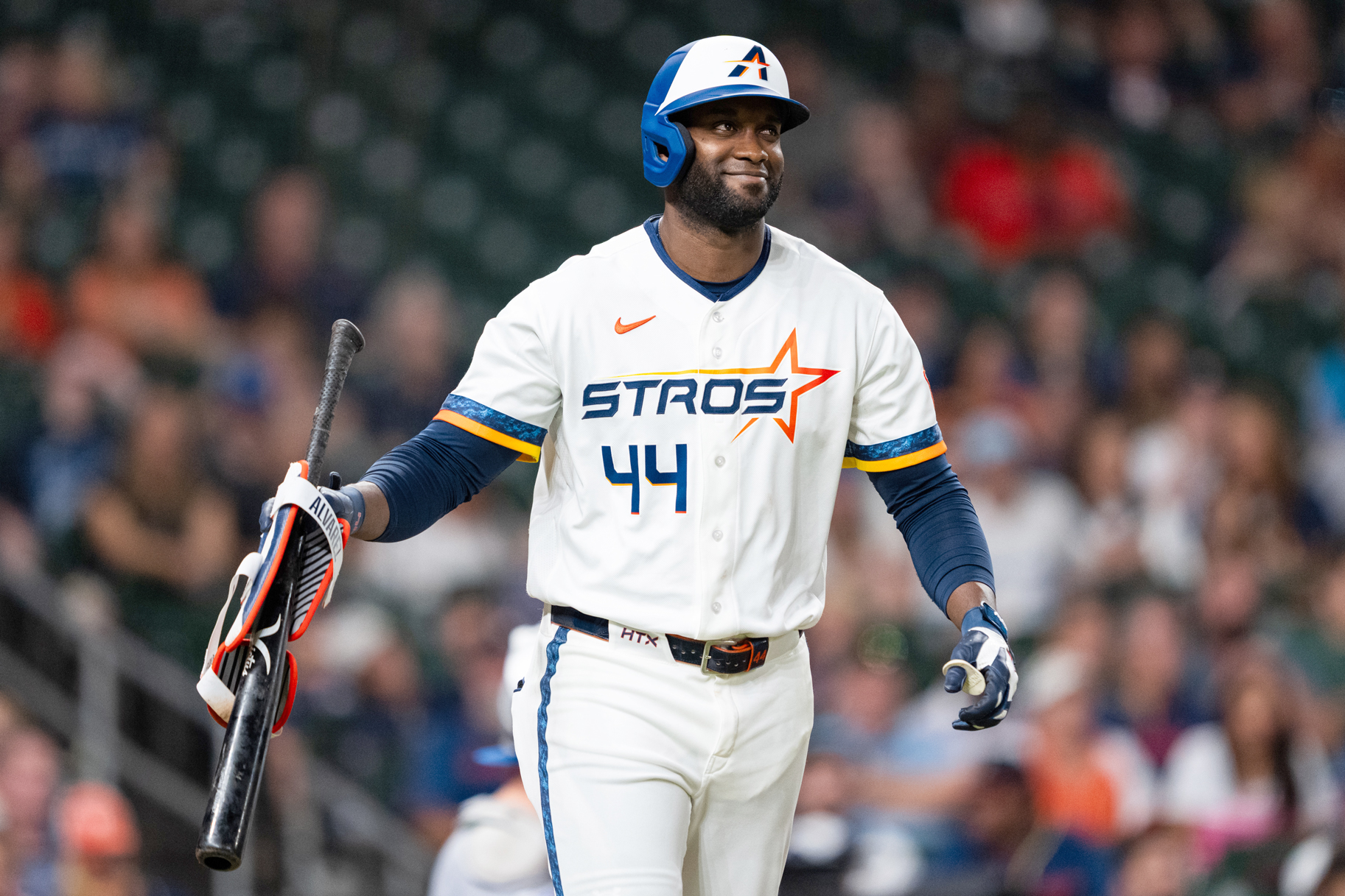 Yordan Alvarez #44 of the Houston Astros reacts after being intentionally walked in the sixth inning against the Toronto Blue Jays at Daikin Park.
