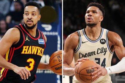 A split of CJ McCollum of the Atlanta Hawks and Giannis Antetokounmpo of the Milwaukee Bucks.