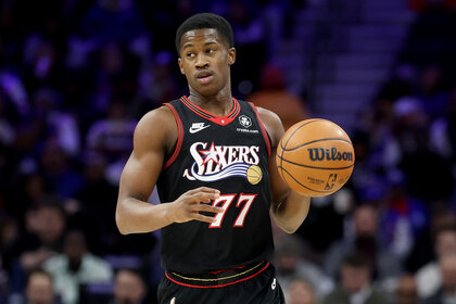 VJ Edgecombe dribbles a basketball for the Philadelphia 76ers against the New York Knicks.