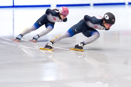 Speed skaters of Team Japan train for the Milano Cortina 2026 Winter Olympics.