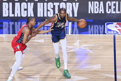 Kevin Durant with the ball on the court at the 2026 NBA All-Star Game.