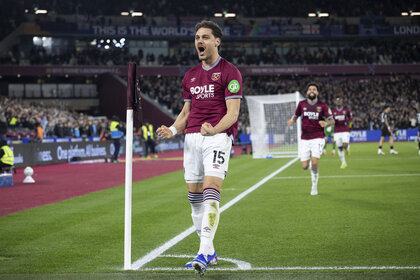 Konstantinos Mavropanos of West Ham United celebrating after scoring during a Premier League match.