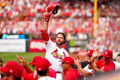 Alec Burleson of the St. Louis Cardinals reacts to a home run during the game between the Tampa Bay Rays and the St. Louis Cardinals.
