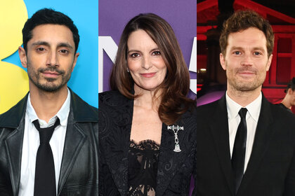 Split of Riz Ahmed, Tina Fey, and Jamie Dornan.