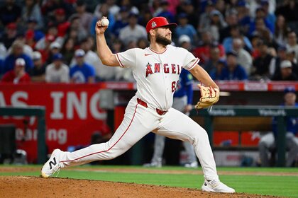 Los Angeles Angels pitcher Chase Silseth pitching during an MLB baseball game against the Toronto Blue Jays.
