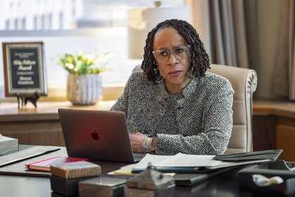 Sharon Goodwin (S. Epatha Merkerson) sitting at a desk on Chicago Med Season 11 Episode 18.