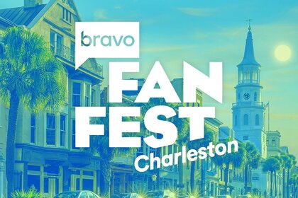 Bravo Fan Fest Charleston Logo over a blue tinted image of Charleston, South Carolina.
