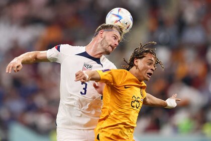 Walker Zimmerman of the United States heads a ball during a FIFA World Cup Qatar 2022.