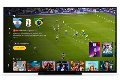 A television showing the Peacock app interface to stream World Cup soccer matches