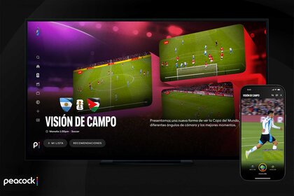 A demo image of Peacock's World Cup features displayed on a television and mobile phone screen