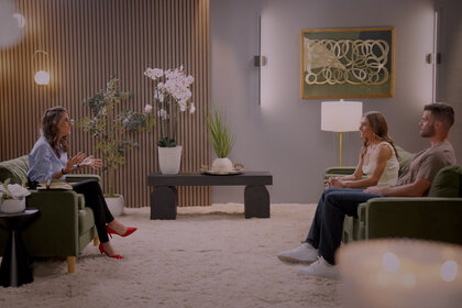 Dr. Lisa Paz, Courtney Landis, and Nick Uhlenhuth talk during a session in Married at First Sight Season 20 Episode 6.