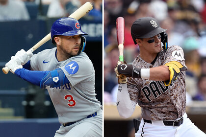 A split of Alex Bregman, #3 of the Chicago Cubs, and Jase Bowen, #4 of the San Diego Padres.