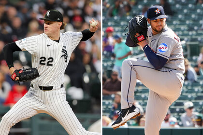 A split of Noah Schultz, #22 of the Chicago White Sox, and Peter Lambert, #38 of the Houston Astros.