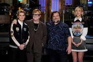 Pictured: (l-r) Musical guest Brandi Carlile & Elton John, Host Jack Black, and Heidi Gardner during Promos in Studio 8H on Thursday, April 3, 2025