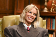 Caroline Stanbury smiles while talking to Alan Cummings in The Traitors Season 4 Episode 1.