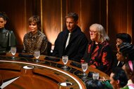 Lisa Rinna, Colton Underwood, Donna Kelce, Eric Nam, and Monét X Change around the round table on The Traitors Season 4 Episode 1.&nbsp;