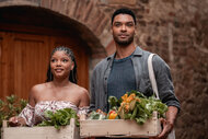 Halle Bailey and Rege Jean Page in You, Me & Tuscany (2026).