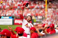 Alec Burleson of the St. Louis Cardinals reacts to a home run during the game between the Tampa Bay Rays and the St. Louis Cardinals.