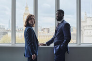Rachel Carey (Holliday Grainer) and Isaac Turner (Paapa Essiedu) on The Capture Season 3 Episode 1.