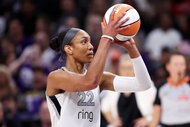 A'ja Wilson of the Las Vegas Aces attempts a free throw during Game Four of the 2025 WNBA Playoffs finals.