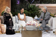 Erika Jayne, Kyle Richards, and Andy Cohen talking at The Real Housewives of Beverly Hills Season 15 Reunion.