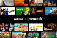 Key art for various movies and television shows with the logos for Walmart and Peacock in the center
