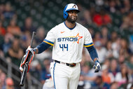 Yordan Alvarez #44 of the Houston Astros reacts after being intentionally walked in the sixth inning against the Toronto Blue Jays at Daikin Park.