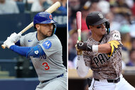 A split of Alex Bregman, #3 of the Chicago Cubs, and Jase Bowen, #4 of the San Diego Padres.