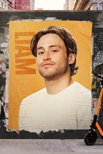 Liam Obergfoll on a poster in a NYC street.