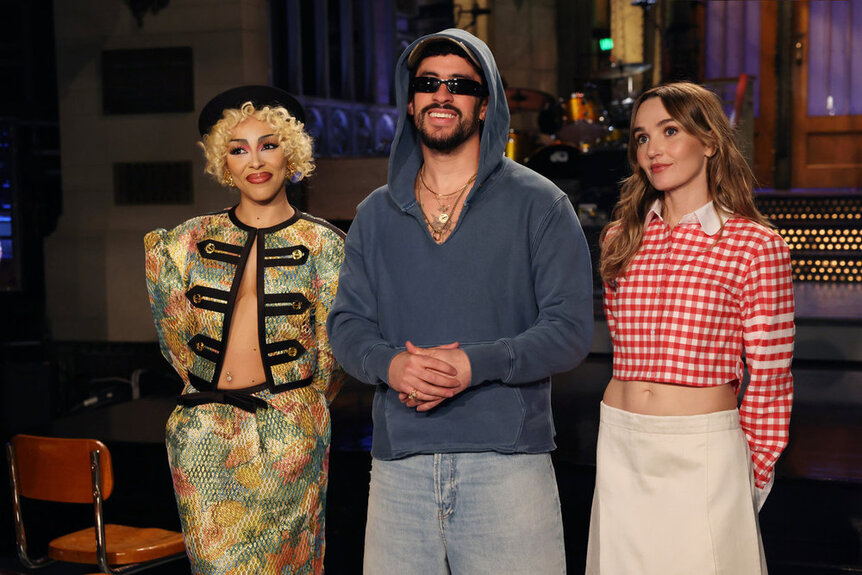Pictured: (l-r) Musical guest Doja Cat, host Bad Bunny, and Chloe Fineman during Promos on Thursday, October 2, 2025