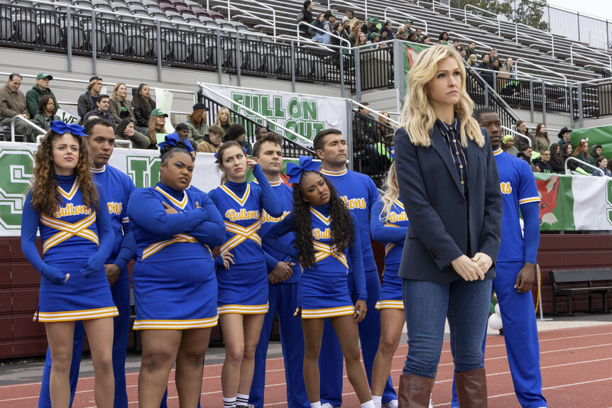 Sally, Madonna, Peaches, Courteney Potter, and Dimarcus stand together in Stumble Season 1 Episode 5.