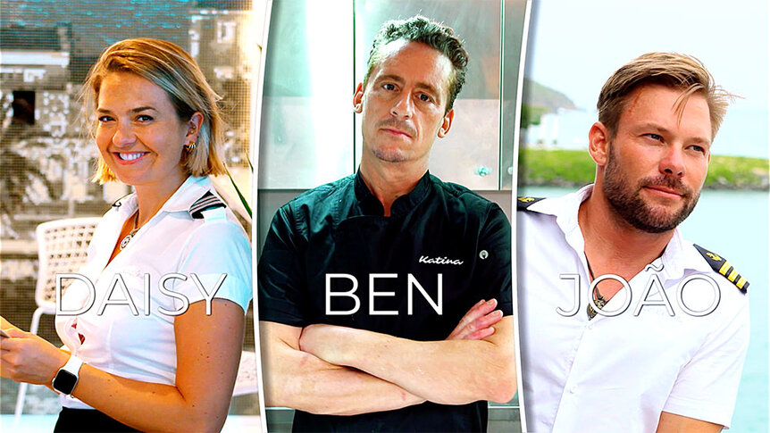 A split of Daisy Kelliher, Ben Robinson, and João Franco in Below Deck Down Under Season 4.