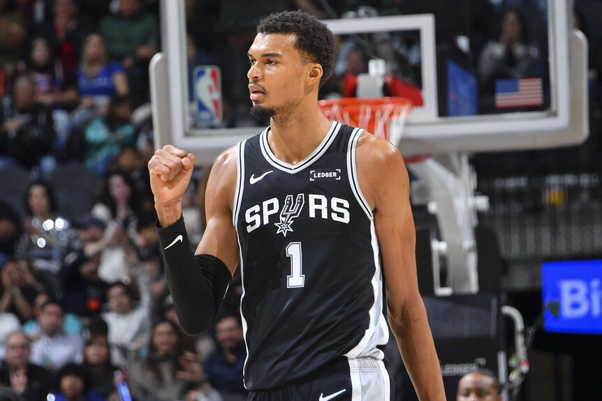 Victor Wembanyama, #1 of the San Antonio Spurs, celebrating during a game against the New York Knicks.