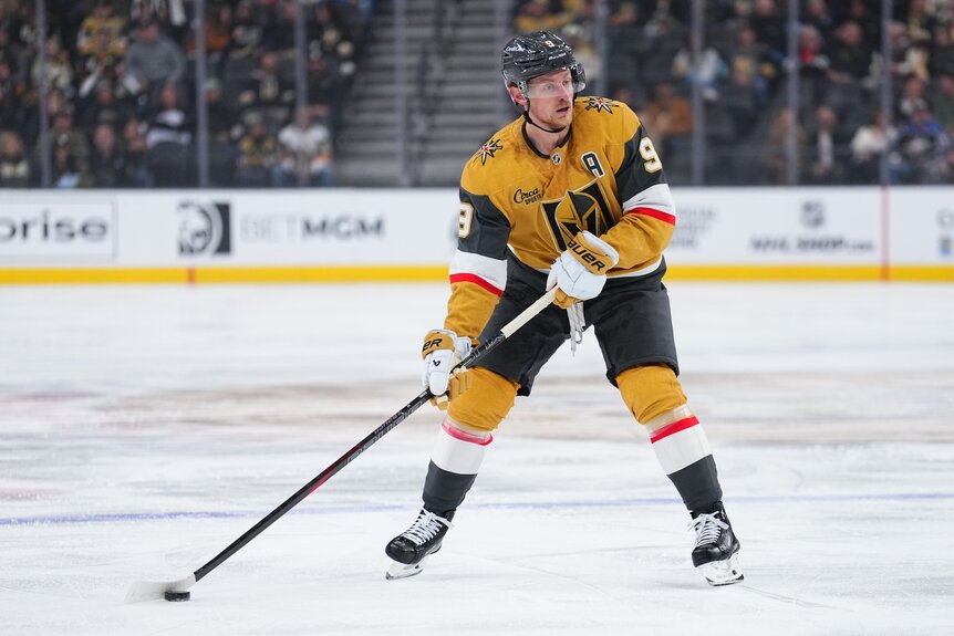 Jack Eichel stands on ice during a Vegas Golden Knights game.