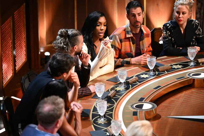 Mark Ballas, Porsha Williams, Rob Cesternino, Tara Lipinski in The Traitors Season 4 Episode 2.