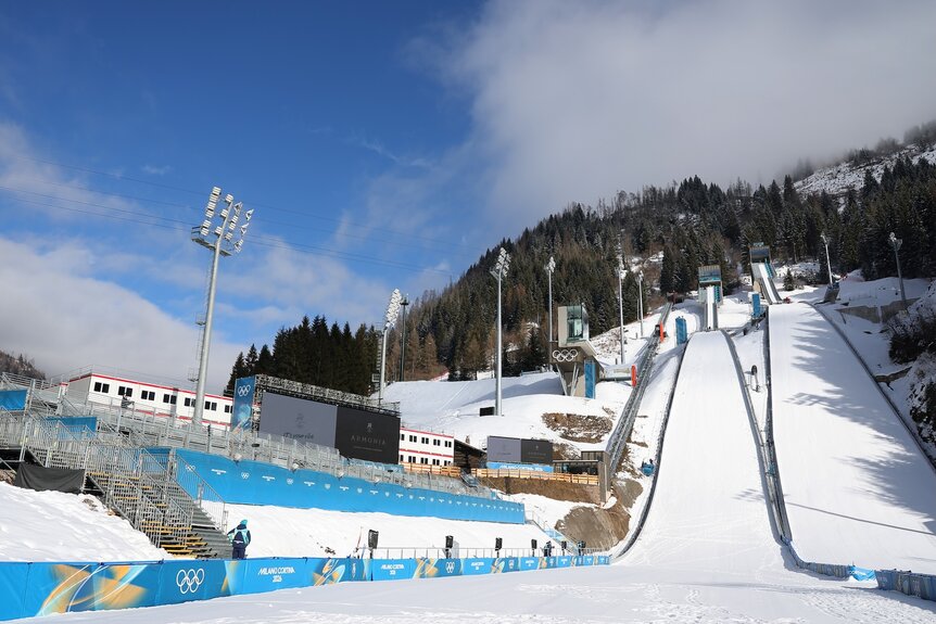 Predazzo Ski Jumping Stadium is prepared for the Milano Cortina 2026 Winter Olympics.
