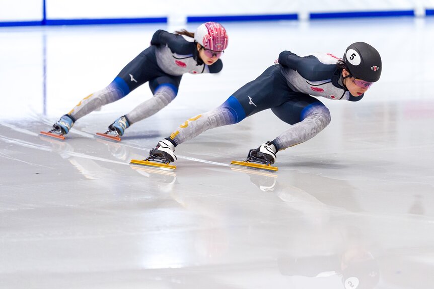 Speed skaters of Team Japan train for the Milano Cortina 2026 Winter Olympics.