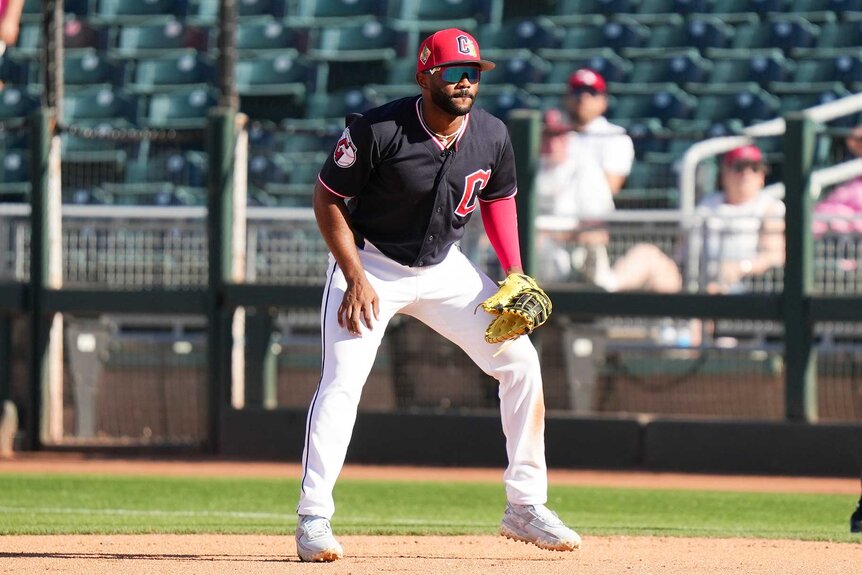 Juan Benjamin of the Cleveland Guardians is seen on the field during the game between the Texas Rangers.